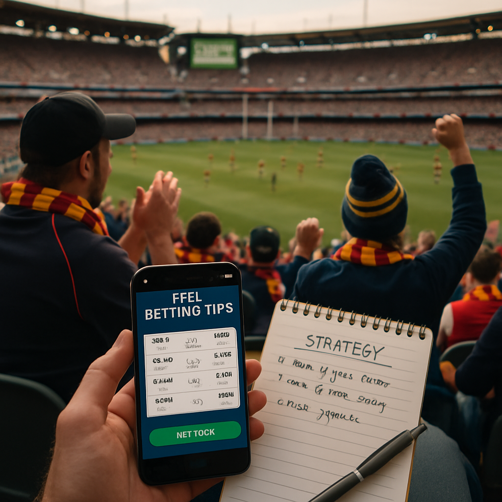 AFL Weekend Preview theme with fans, a digital device showing betting tips, and responsible